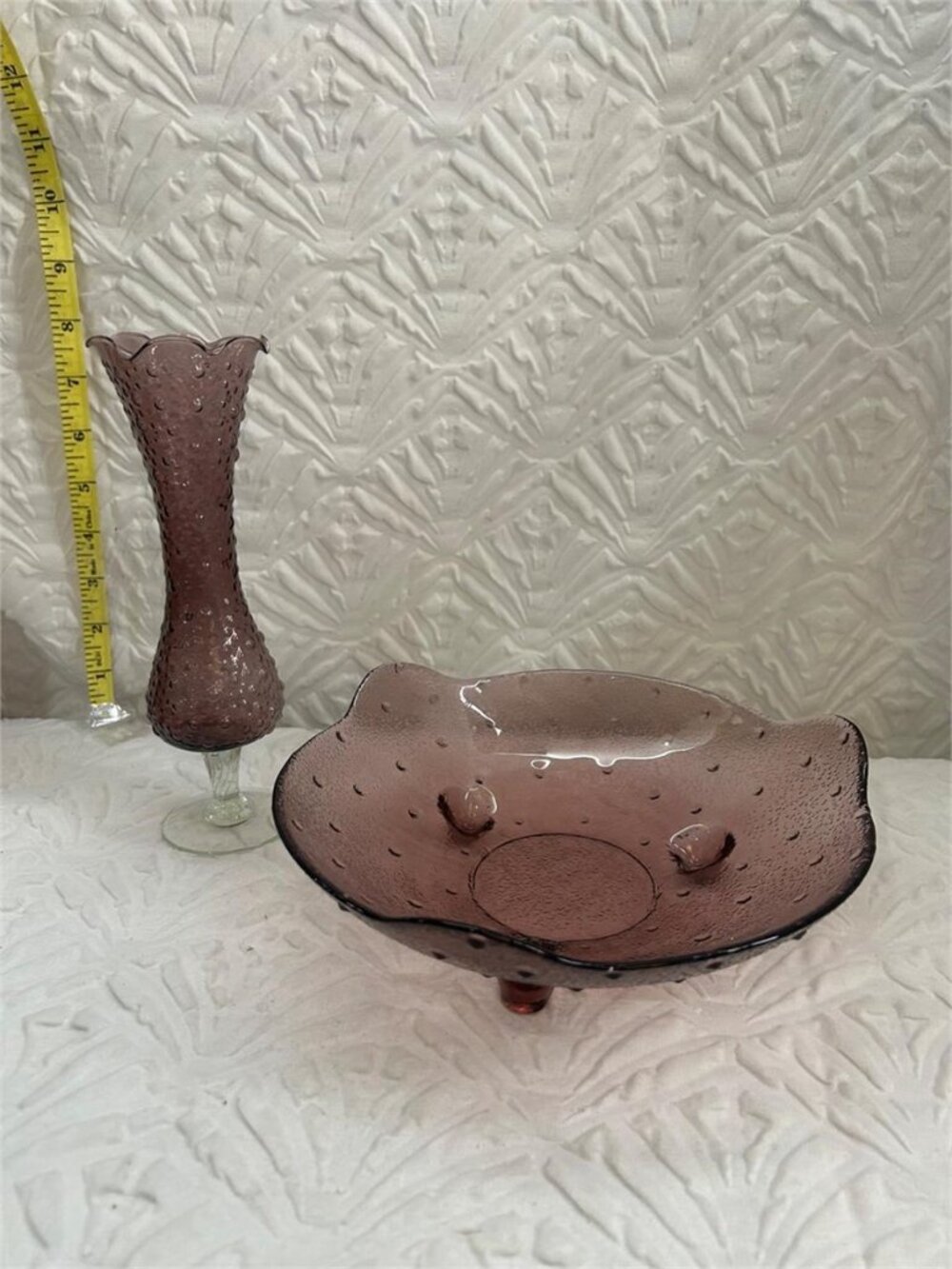 2 Pc Purple Amethyst Art Glass Vase & Bowl